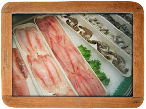 Fresh fish market in lower mainland fraser valley, shrimp prawns scallops  salmon crab